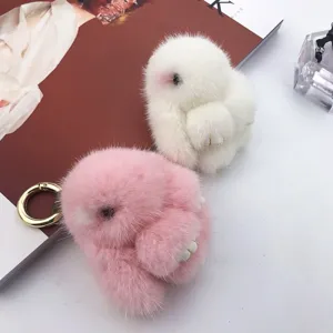 Handmade plush mink fur bunny keychains for women's bags, pink and white accessories