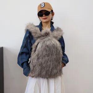 Stylish Y2K oversized faux fur backpack with fluffy grey raccoon hair texture for women