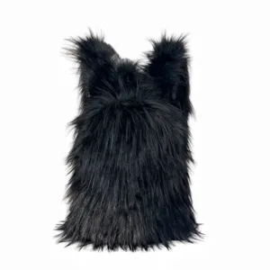 Detailed view of black faux raccoon fur backpack with fluffy texture and cute ears