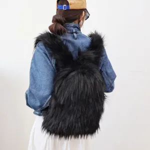 Back view of a trendy black faux raccoon fur backpack styled with a denim jacket