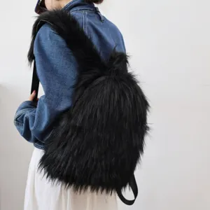 Close-up of fluffy black faux raccoon fur backpack worn by model for Y2K fashion look