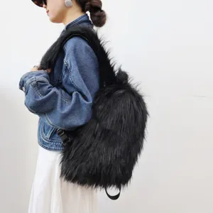 Fashionable large black faux fur backpack with fluffy texture shown on model side view