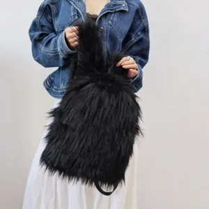Macro detail of black faux fur backpack showing fluffy Y2K style texture and large size