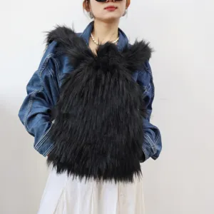 Stylish Y2K black faux raccoon fur backpack worn with a trendy denim jacket