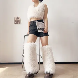 Scaldamuscoli in finta pelliccia bianca Y2K e set di gilet corto per lo stile invernale