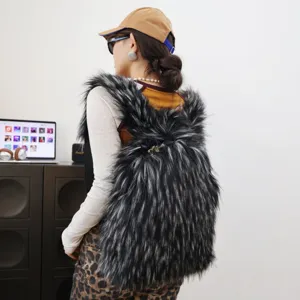 Y2K fashion oversized shaggy faux fur backpack with black and white gradient texture on model