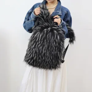 Fashionable Y2K style faux raccoon fur backpack with long hair texture worn by a model