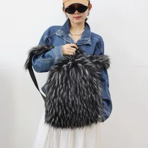 Fashion model carrying a large Y2K style faux raccoon fur backpack in black and silver