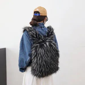 Fashionable oversized faux raccoon fur backpack with fluffy texture in trendy Y2K style
