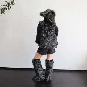 Stylish Y2K faux raccoon fur backpack with fluffy texture in grey and black tones