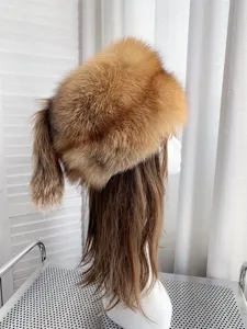 Thick fox fur hat with a long tail decoration, winter warm ethnic style for women.