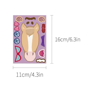 Cute cartoon horse face DIY puzzle sticker sheet with various expression accessories, 16x11cm.