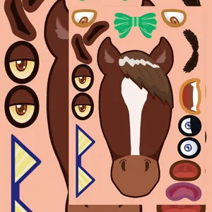 Detail view of cute cartoon horse DIY face sticker sheet with various expression parts.