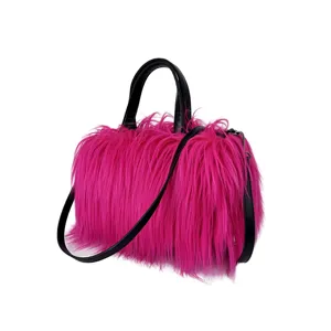 Bolso tote de pelo sintético rosa vibrante con asas negras en estilo pillow Y2K de moda