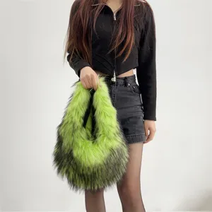 Detail shot of a lime green and black faux fur handbag in a trendy Y2K aesthetic