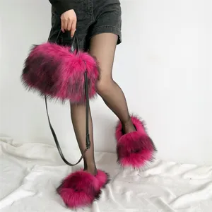 Punk-Stil Set aus Kunstpelz-Hausschuhen und passender Handtasche in Pink und Schwarz