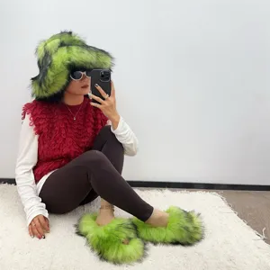 Punk style faux raccoon fur lime green hat and slipper set for trendy winter fashion