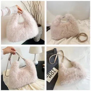 Close-up detail showing soft plush texture of light pink faux fur tote bag with strap