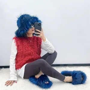 Fashionable blue faux raccoon fur set featuring a punk style bucket hat and fluffy slides