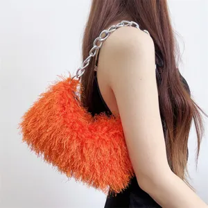 Faux Fur Plush Hobo Bag Soft Shaggy Underarm Handbag Chunky Silver Metal Chain Bag Fashion Evening Shoulder Bag