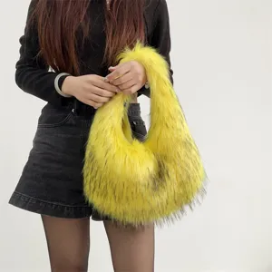 Vibrant yellow faux raccoon fur handbag for women, trendy Y2K style plush tote bag.