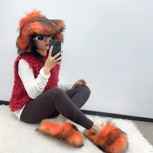 Model wearing punk style faux raccoon fur hat and matching fluffy slippers set.