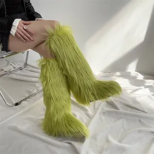 Fashionable women's lime green faux fur knee-high boots with long plush texture