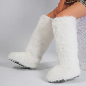 Stylish white faux fur knee-high snow boots with warm plush Y2K aesthetic design