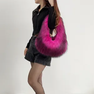 Close-up of pink faux raccoon fur handbag styled with Y2K outfit on a model