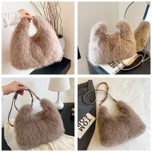 Detailed views of a plush faux fur handbag in light brown with adjustable strap.