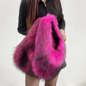 Detail view of a bright pink faux fur handbag with fluffy raccoon-like texture in Y2K style.