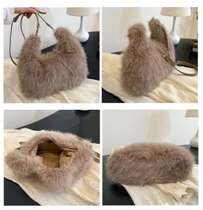 Detailed views of a cozy brown faux fox fur tote bag with a zipper and straps.