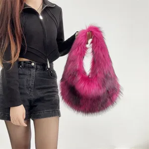 Close-up detail of the vibrant hot pink fluffy faux fur handbag with a Y2K aesthetic