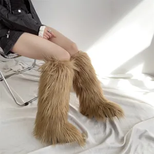 Knee-high warm faux fur snow boots for women in tan with long shaggy texture