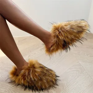 Damen Faux Waschbärfell Hausschuhe Flauschig Weich Plüsch Innen Flache Schuhe Warm Winter Pelzige Hausschuhe