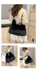 Stylish black faux fur tote bag styled with a winter cream cardigan and white skirt