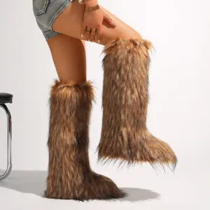 Gemütliche braune Y2K Kunstpelz hohe Schneestiefel für Damen mit flauschiger Textur