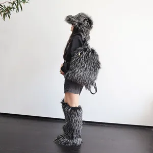 Close-up detail view of a fluffy faux raccoon fur backpack with Y2K fashion aesthetics