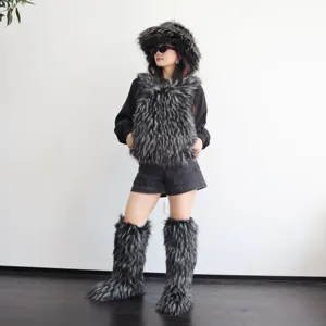 Close-up detail of Y2K fashion faux raccoon fur backpack shown in a stylish outfit context