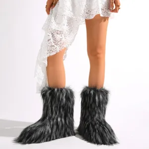 Botas de nieve Y2K de piel sintética para mujer, detalle de moda invernal cálida