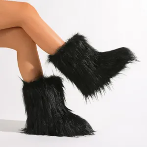 Botas de nieve de piel sintética negra para mujer con estilo cálido Y2K y suelas antideslizantes