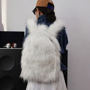Back view of a trendy white faux fur backpack with bunny ears in Y2K street style.