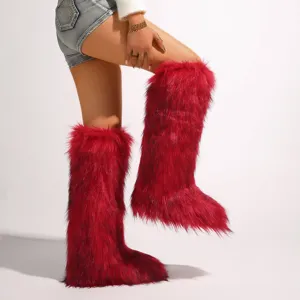 Modische rote Pelzstiefel für Damen, warme flauschige Y2K Schnee-Stiefel kniehoch