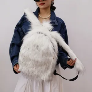 Large white faux fur backpack with rabbit ear design in Y2K fashion style