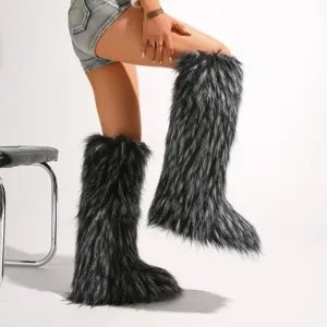 Modische schwarze Kunstpelz-Kniestiefel für Damen im trendigen Y2K-Stil, Detail