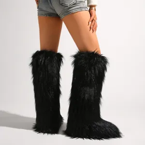Modische schwarze Y2K-Kniehochschneestiefel aus Kunstpelz für Damen, warm und trendy