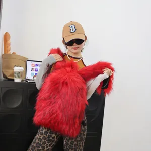 Model wearing a vibrant red faux fur Y2K style backpack in a lifestyle setting