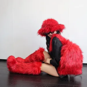 Vibrant red faux raccoon fur backpack and matching accessories in a Y2K fashion style