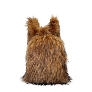 Detailed back view of a shaggy faux raccoon fur backpack in Y2K style with ear accents.