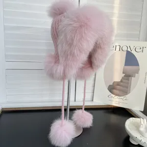 Gorro de aviador rosa de piel de zorro con forro de punto y pompones para el invierno